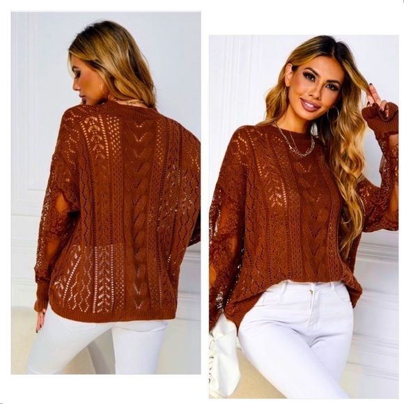 NWT! CONTRAST LACE POINTELLE KNIT DROP SHOULDER SWEATER IN RUST! - Picture 6 of 12
